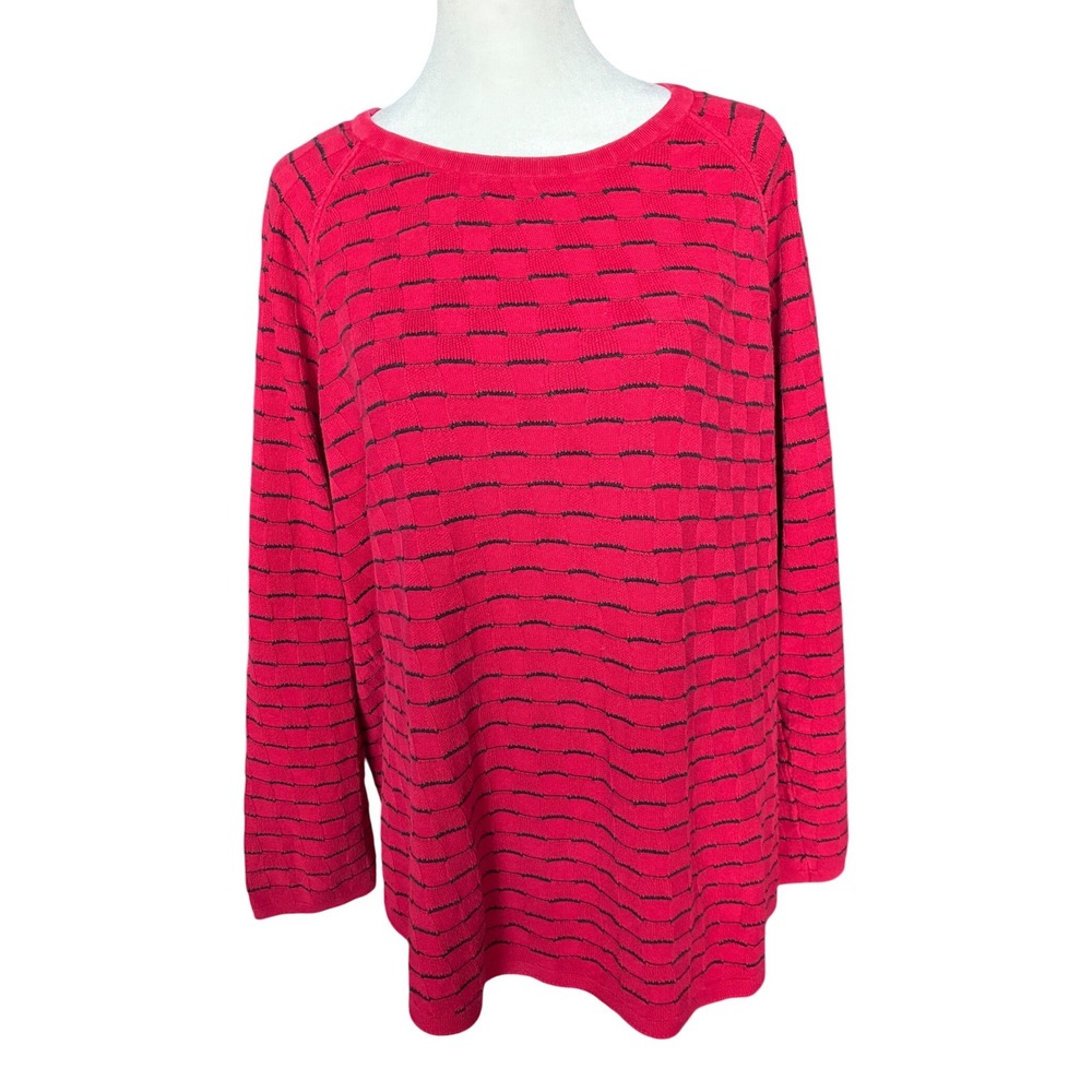 Karen Scott Womens 1X Red Black Striped Textured Cotton Pullover Sweater Raglan
